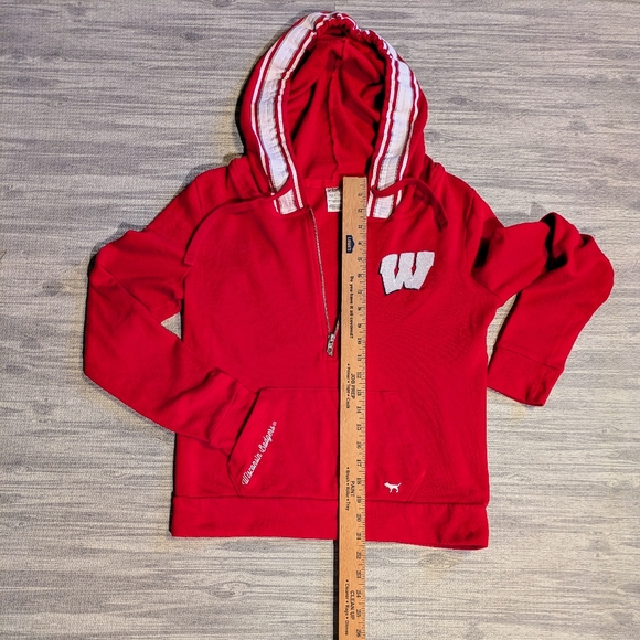 Pink Victoria's Secret Red‎ WI 1/2 Zip Hoodie, Embellished W, Striped Hood, Sz S - Picture 6 of 8
